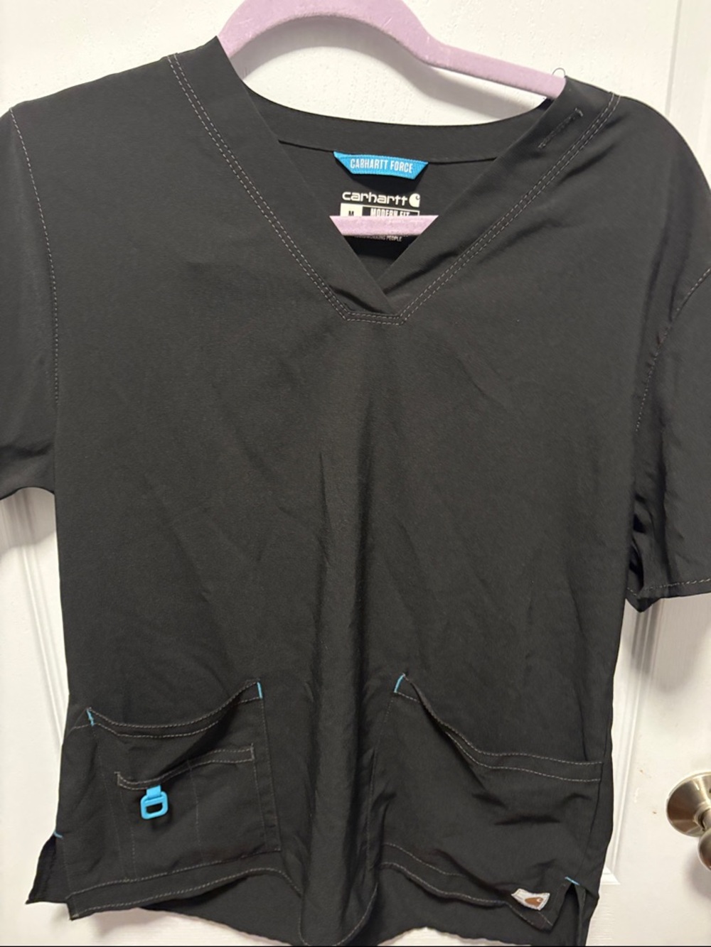 Carhartt Black V-Neck Scrub Top with Blue Zipper Pull
